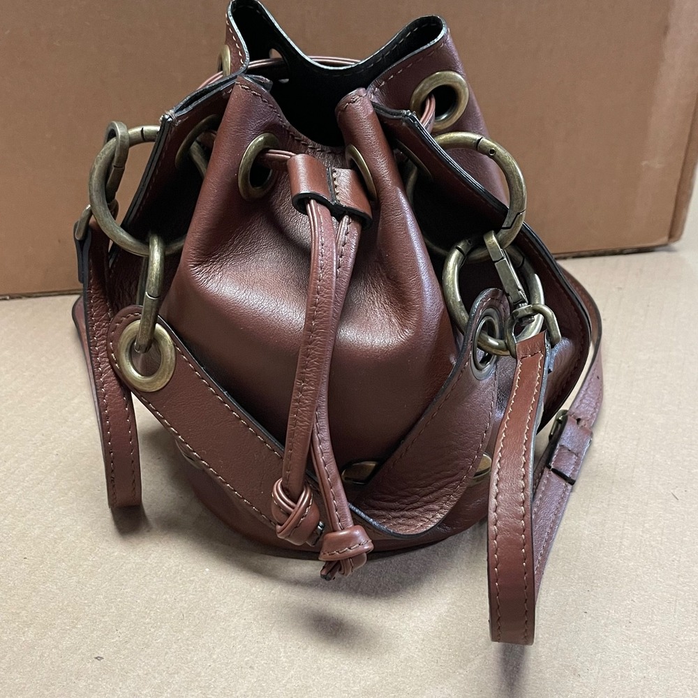 Stella Bianca Brown Leather Bucket Bag Gold-Tone Grommet & Drawstring Closesure‎